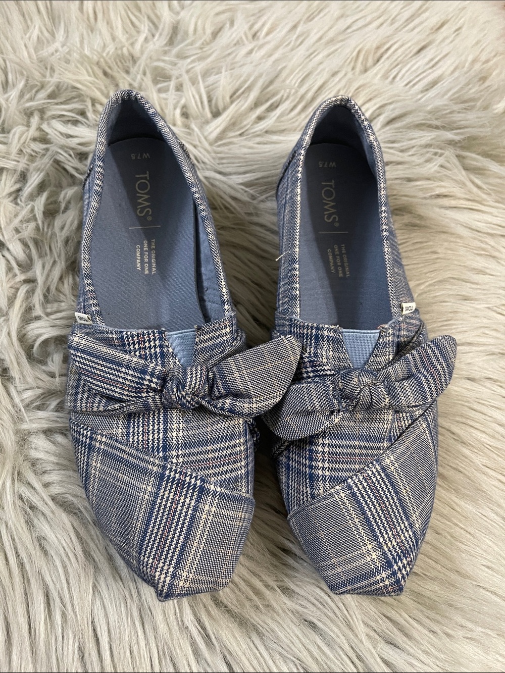 Toms Women’s Blue Plaid Knot-Front‎ Slip-On Flats